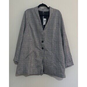 Plaid V-Neck Longline Blazer Jacket - Gray